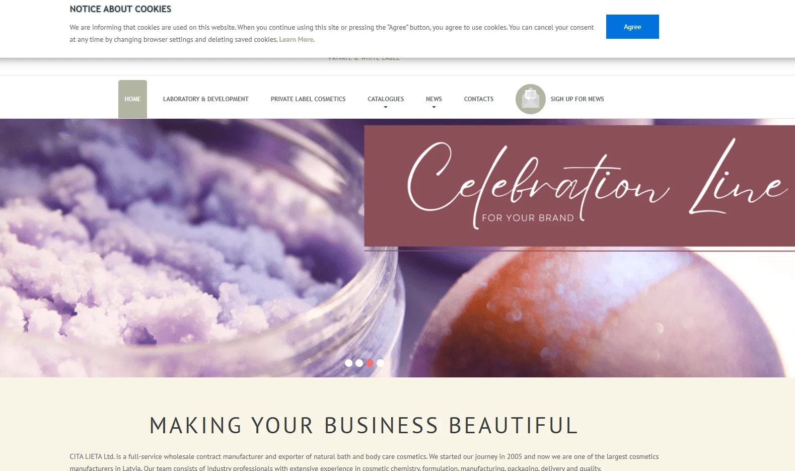 Banner promoting the Celebration Line on a cosmetics website, featuring purple bath products with navigation tabs above.
